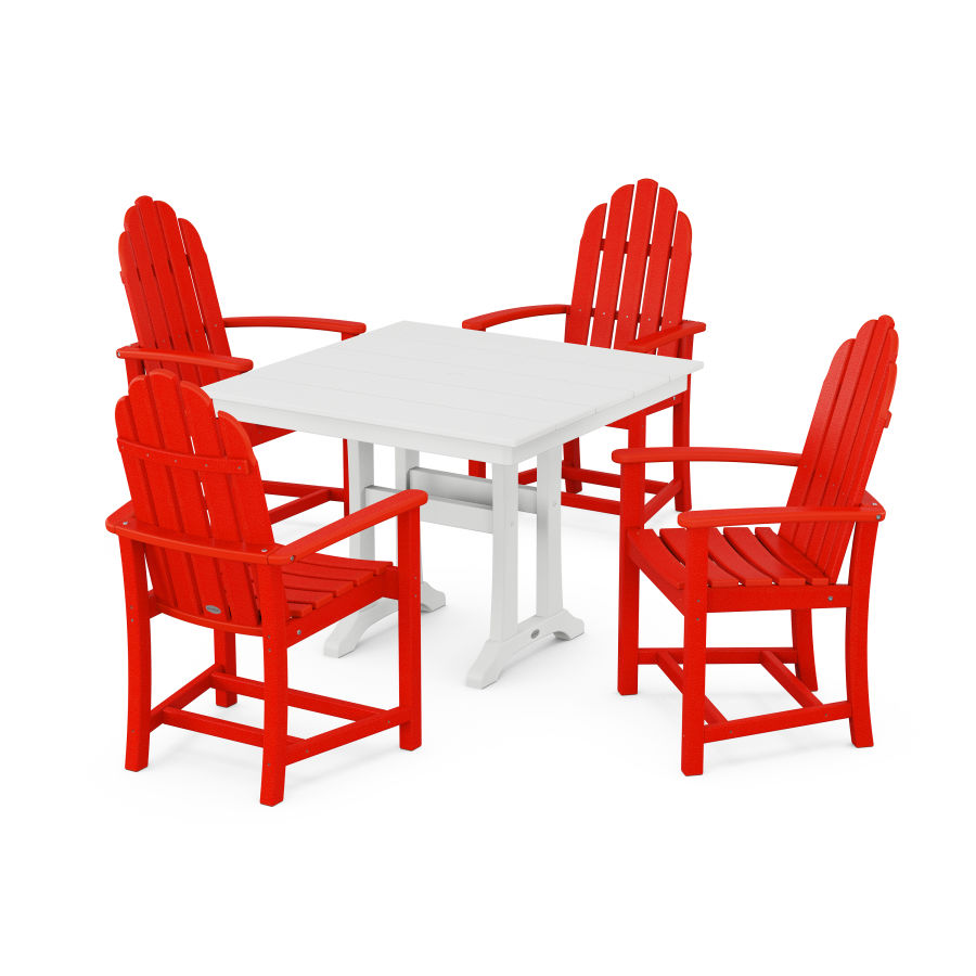 POLYWOOD Classic Adirondack 5-Piece Farmhouse Dining Set With Trestle Legs in Sunset Red / White