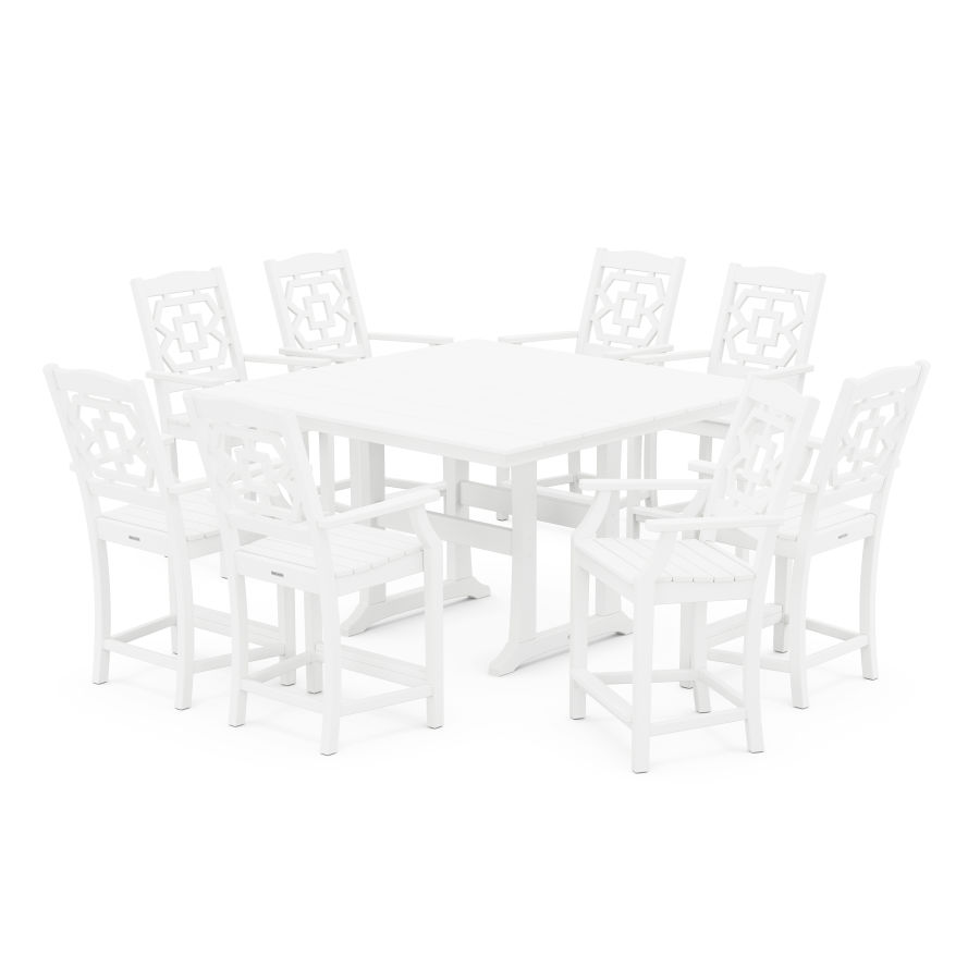 POLYWOOD Chinoiserie 9-Piece Square Farmhouse Counter Set with Trestle Legs in White