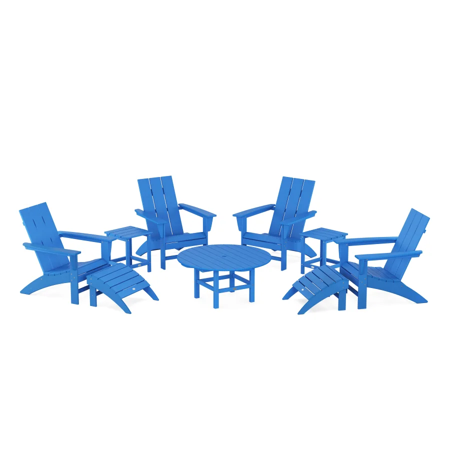 POLYWOOD Modern Adirondack Chair 9-Piece Conversation Set in Pacific Blue