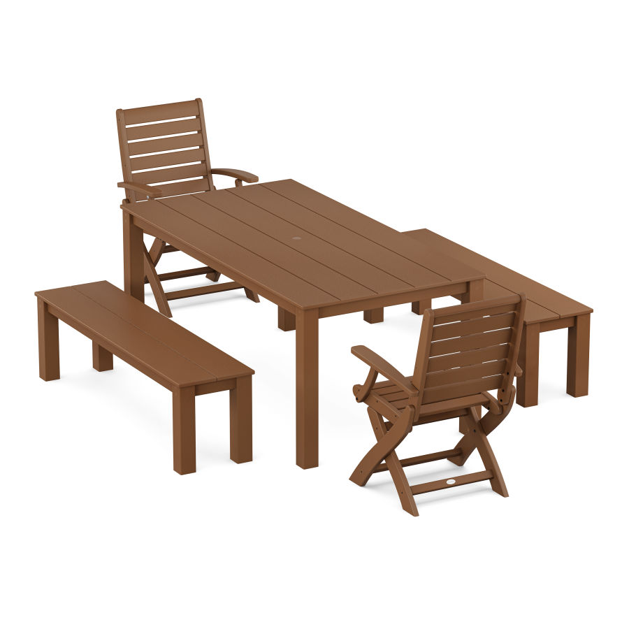 POLYWOOD Signature Folding Chair 5-Piece Parsons Dining Set with Benches in Teak