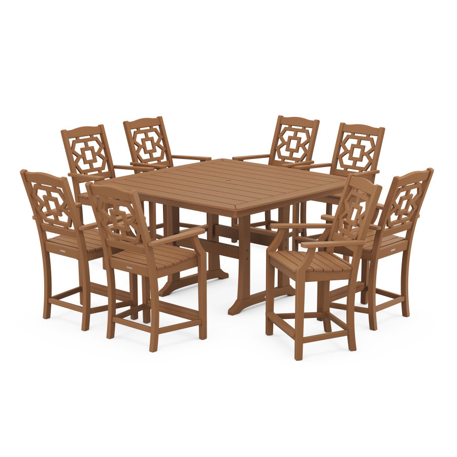 POLYWOOD Chinoiserie 9-Piece Square Counter Set with Trestle Legs in Teak