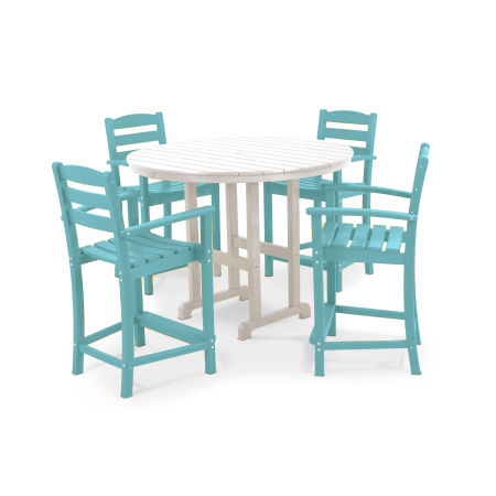 POLYWOOD La Casa Café 5-Piece Round Farmhouse Counter Set in Aruba / White