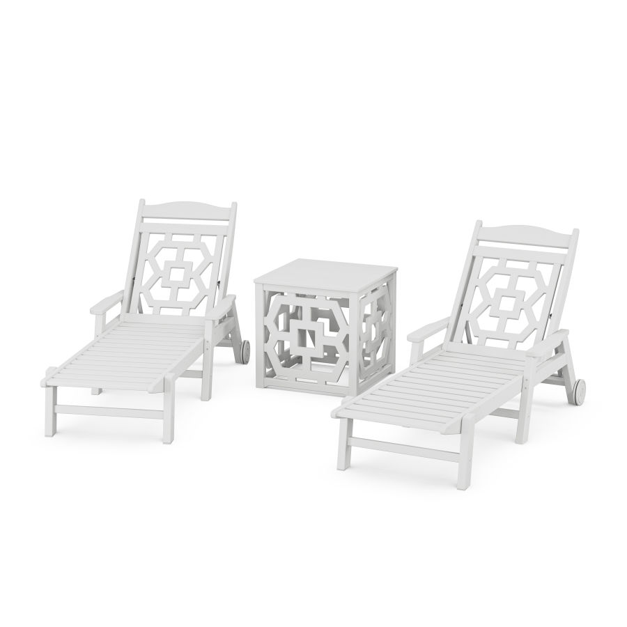 POLYWOOD Chinoiserie 3-Piece Chaise Set with Umbrella Stand Accent Table in White