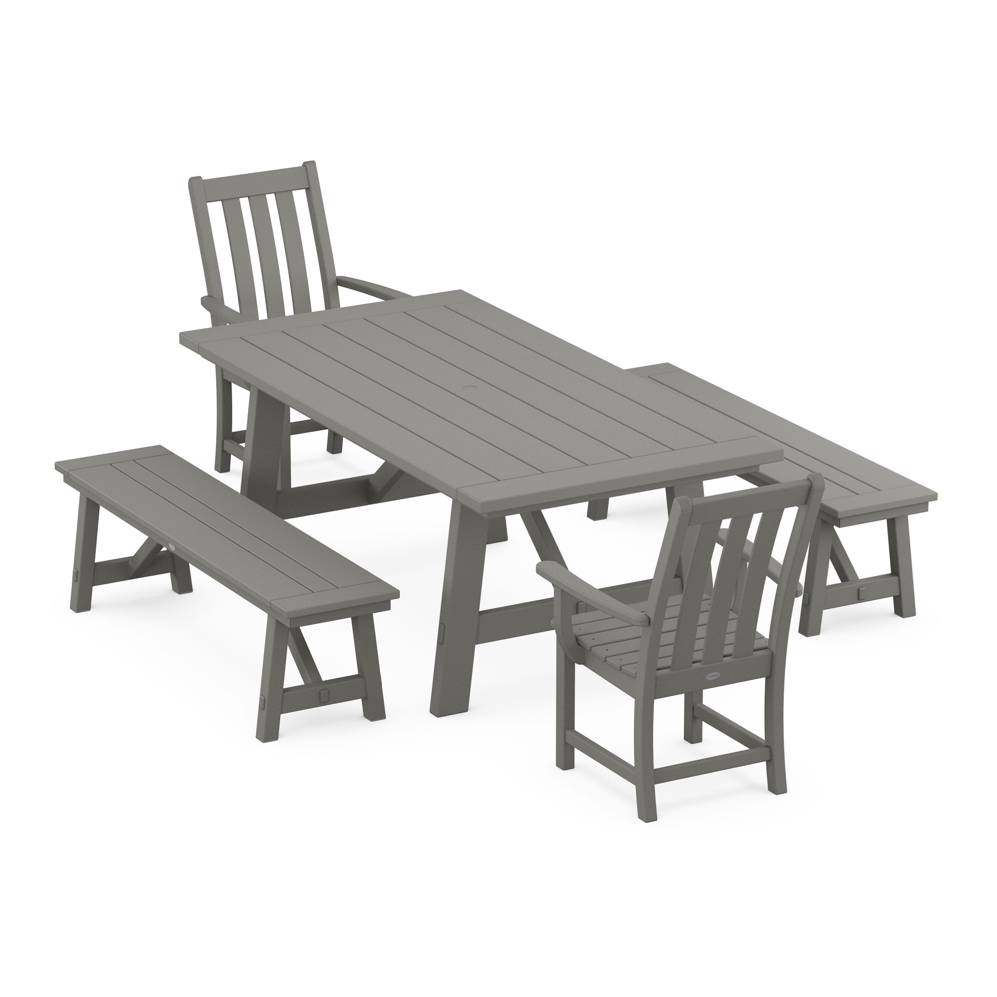 POLYWOOD® Vineyard 5Piece Rustic Farmhouse Dining Set With Benches