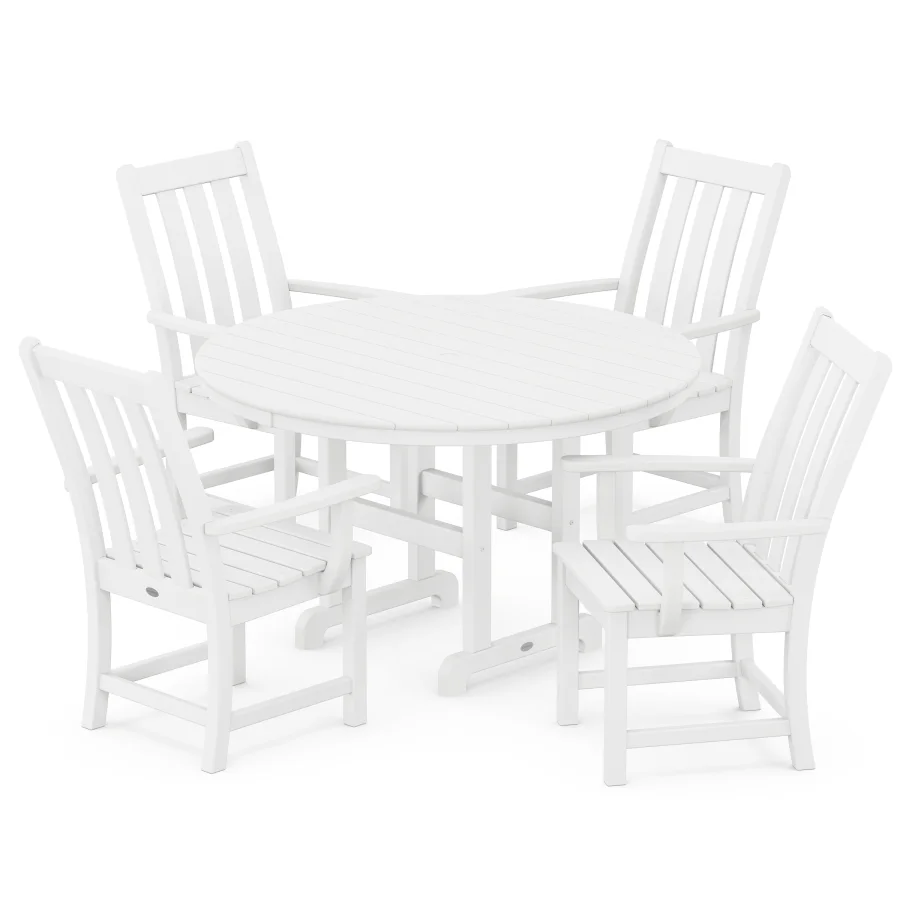 POLYWOOD Vineyard 5-Piece Round Farmhouse Arm Chair Dining Set in White