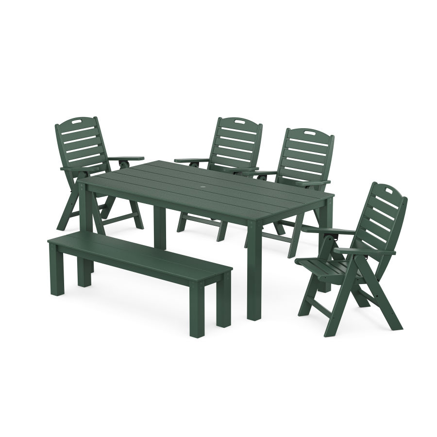 POLYWOOD Nautical Folding Highback Chair 6-Piece Parsons Dining Set with Bench in Green
