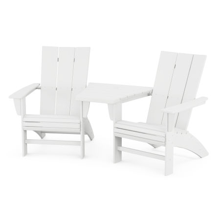 Modern 3-Piece Curveback Adirondack Set with Angled Connecting Table in White