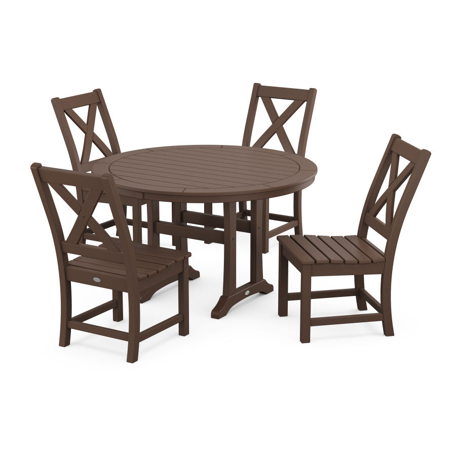 POLYWOOD Braxton Side Chair 5-Piece Round Dining Set With Trestle Legs in Mahogany