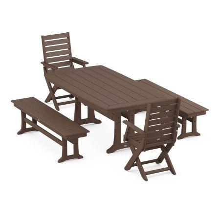 POLYWOOD Captain Folding Chair 5-Piece Dining Set with Trestle Legs in Mahogany
