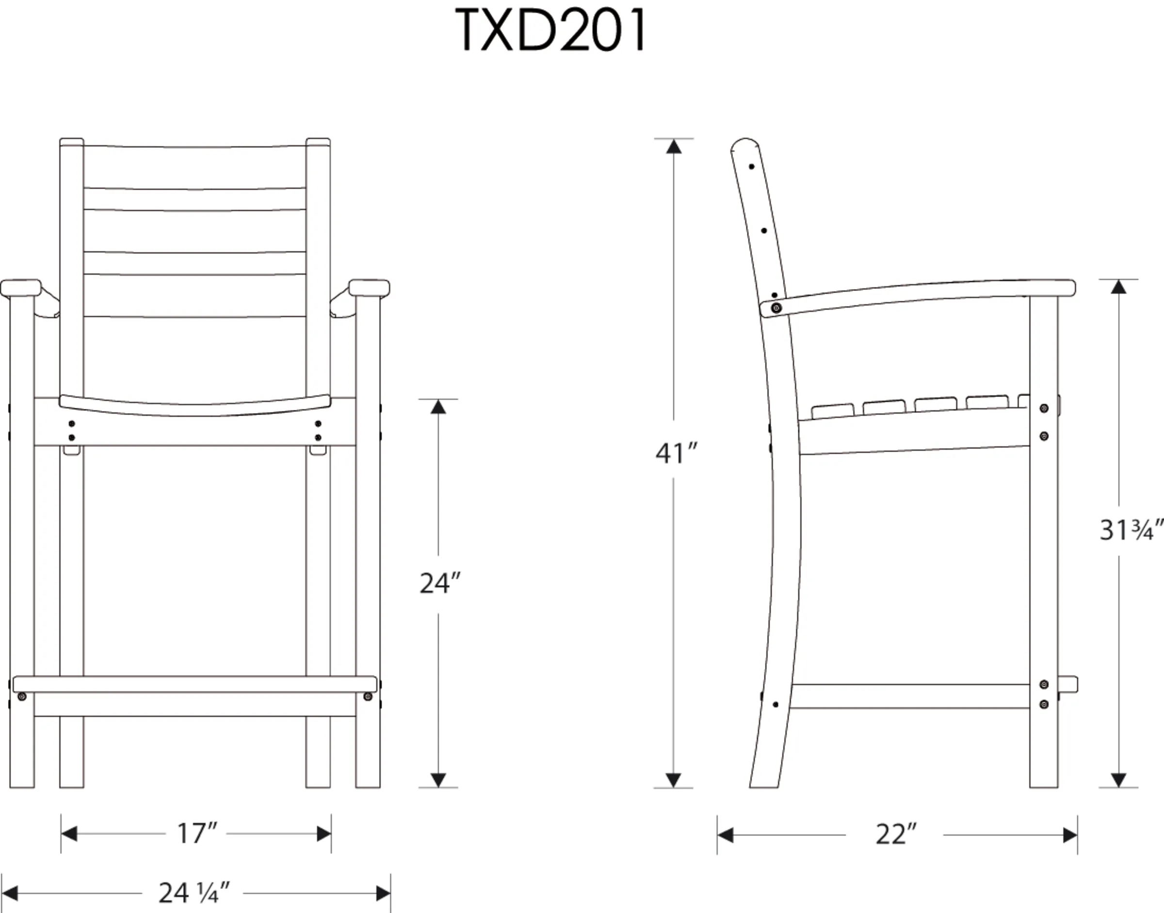 Dimensions for Monterey Bay Counter Arm Chair