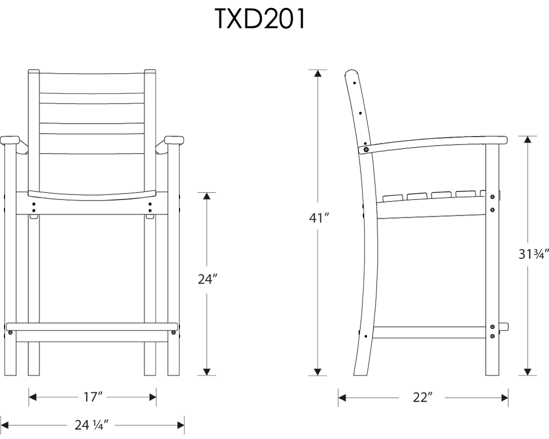 Dimensions for Monterey Bay Counter Arm Chair