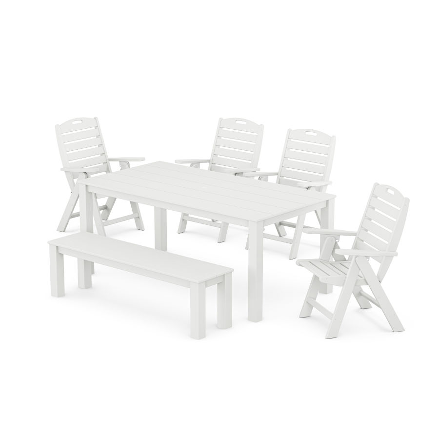 POLYWOOD Nautical Folding Highback Chair 6-Piece Parsons Dining Set with Bench in White