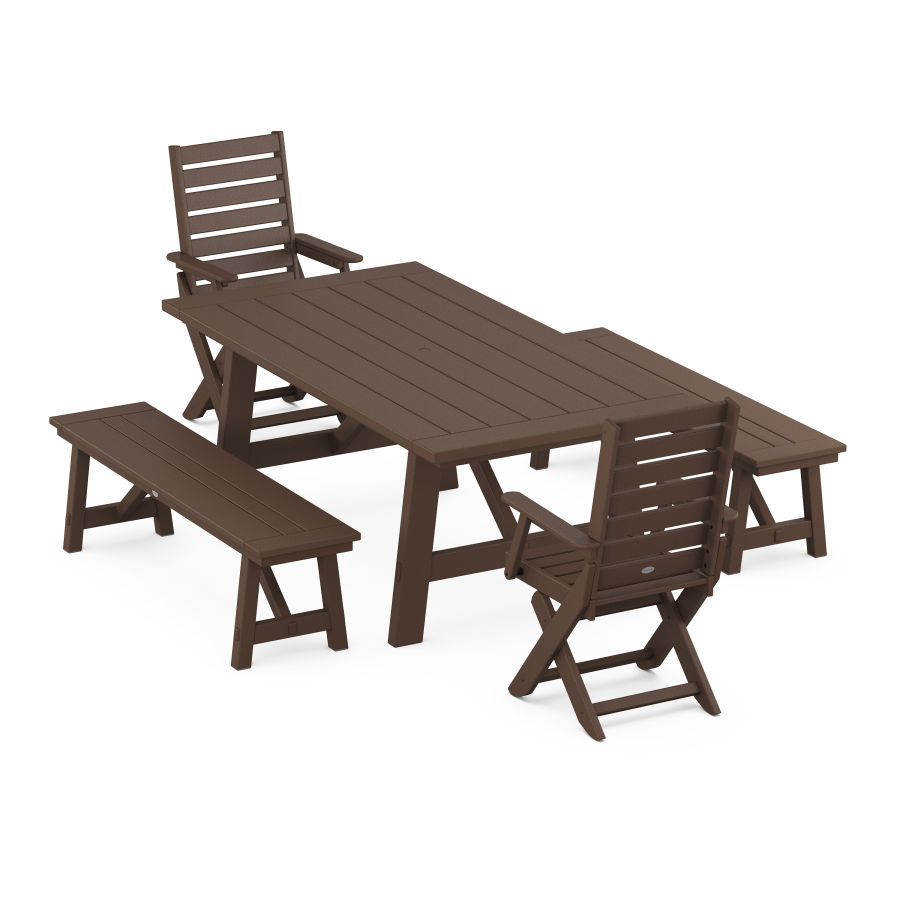 POLYWOOD Captain Folding Chair 5-Piece Rustic Farmhouse Dining Set With Benches in Mahogany