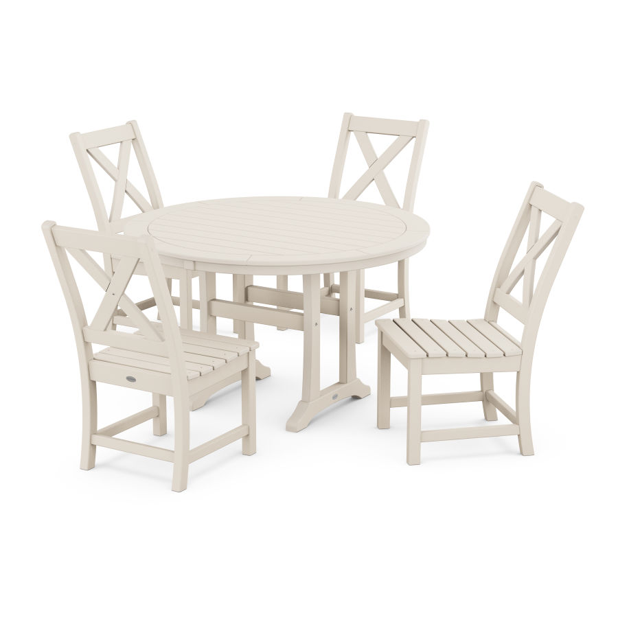 POLYWOOD Braxton Side Chair 5-Piece Round Dining Set With Trestle Legs in Sand