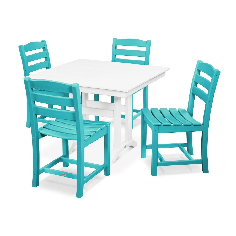 POLYWOOD La Casa Café 5-Piece Farmhouse Trestle Side Chair Dining Set in Aruba / White