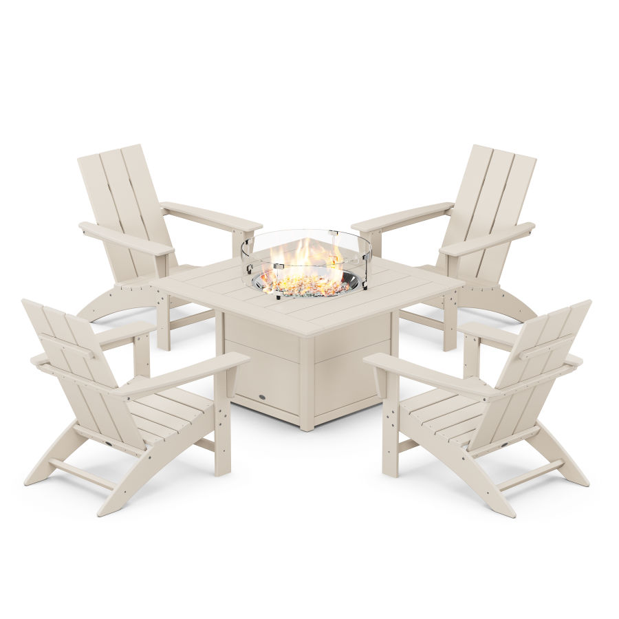 POLYWOOD Modern 5-Piece Adirondack Chair Conversation Set with Fire Pit Table in Sand