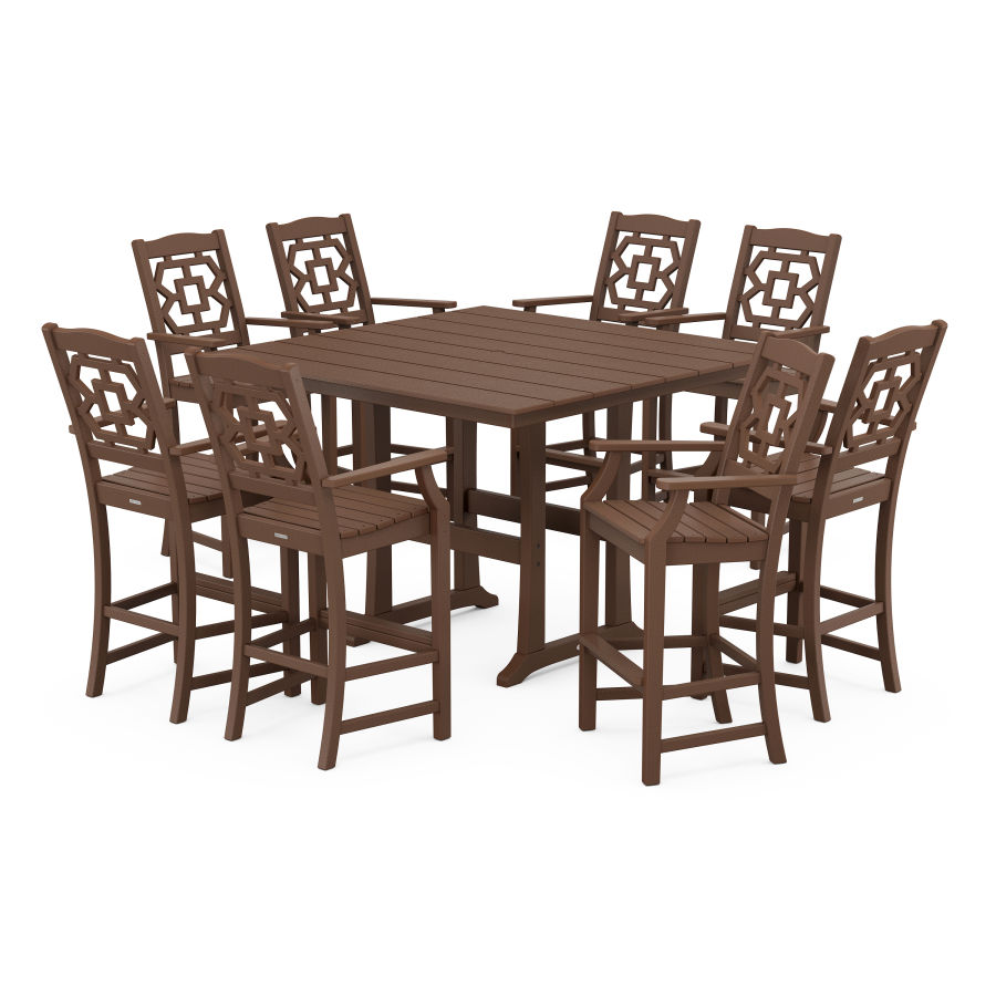 POLYWOOD Chinoiserie 9-Piece Square Farmhouse Bar Set with Trestle Legs in Mahogany