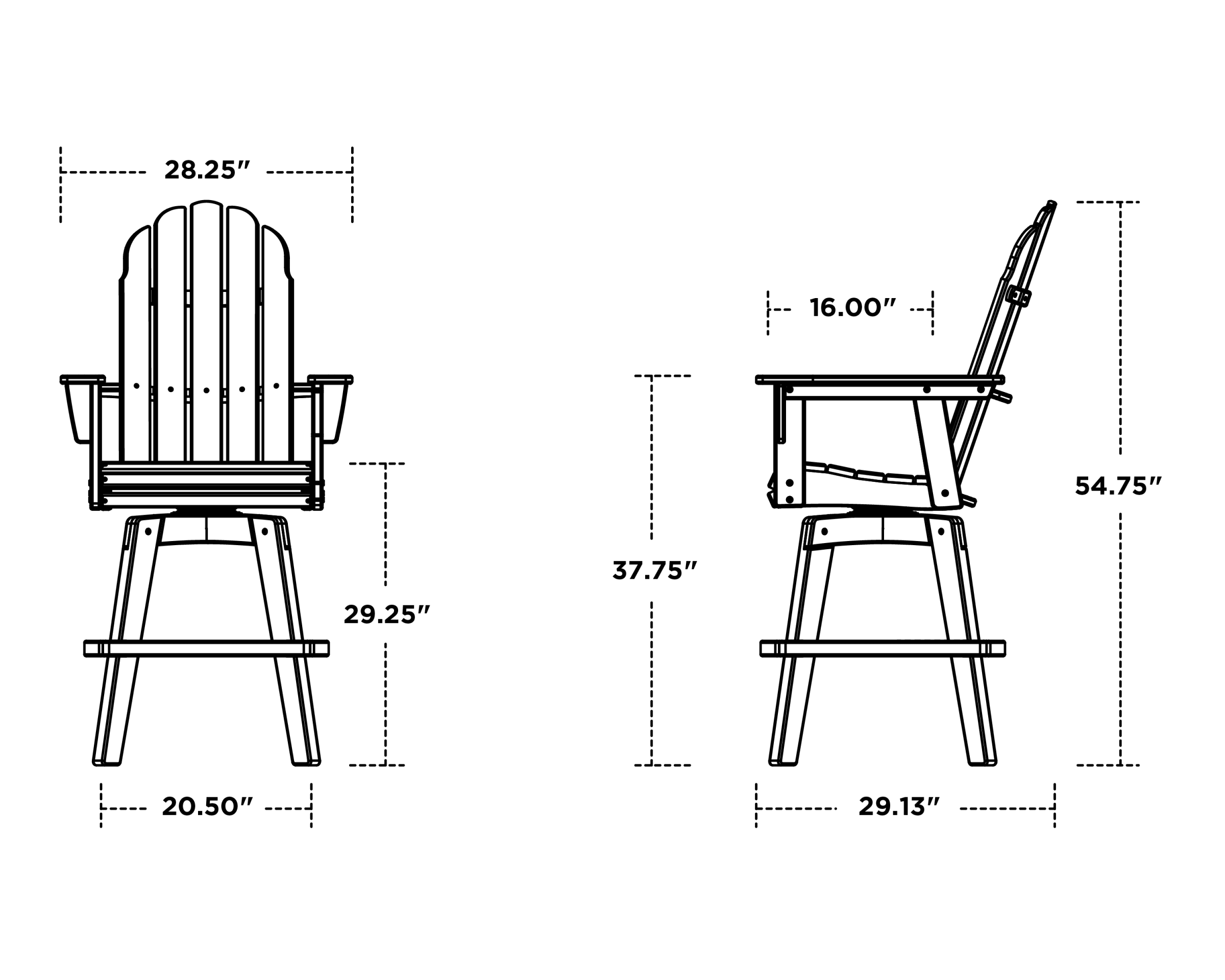 Dimensions for Vineyard Curveback Adirondack Swivel Bar Chair