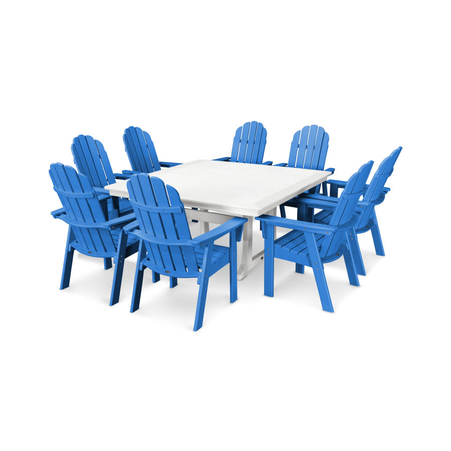 POLYWOOD Vineyard Adirondack 9-Piece Nautical Trestle Dining Set in Pacific Blue / White