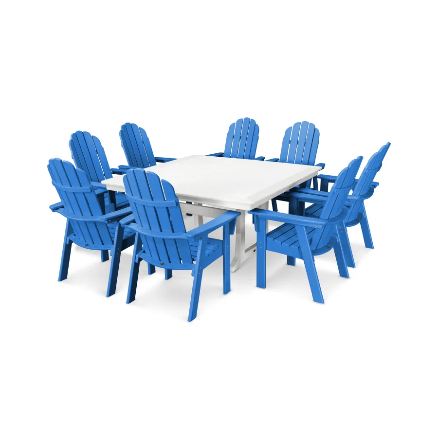 POLYWOOD Vineyard Adirondack 9-Piece Nautical Trestle Dining Set in Pacific Blue / White