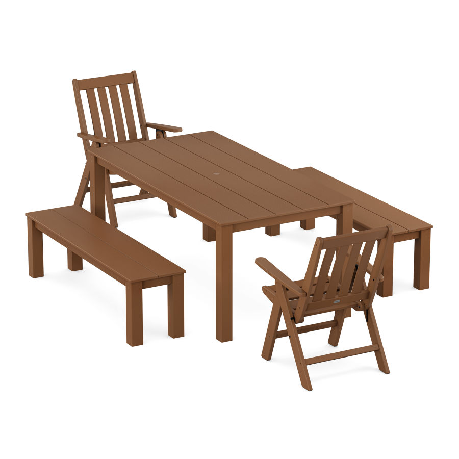 POLYWOOD Vineyard Folding Chair 5-Piece Parsons Dining Set with Benches in Teak
