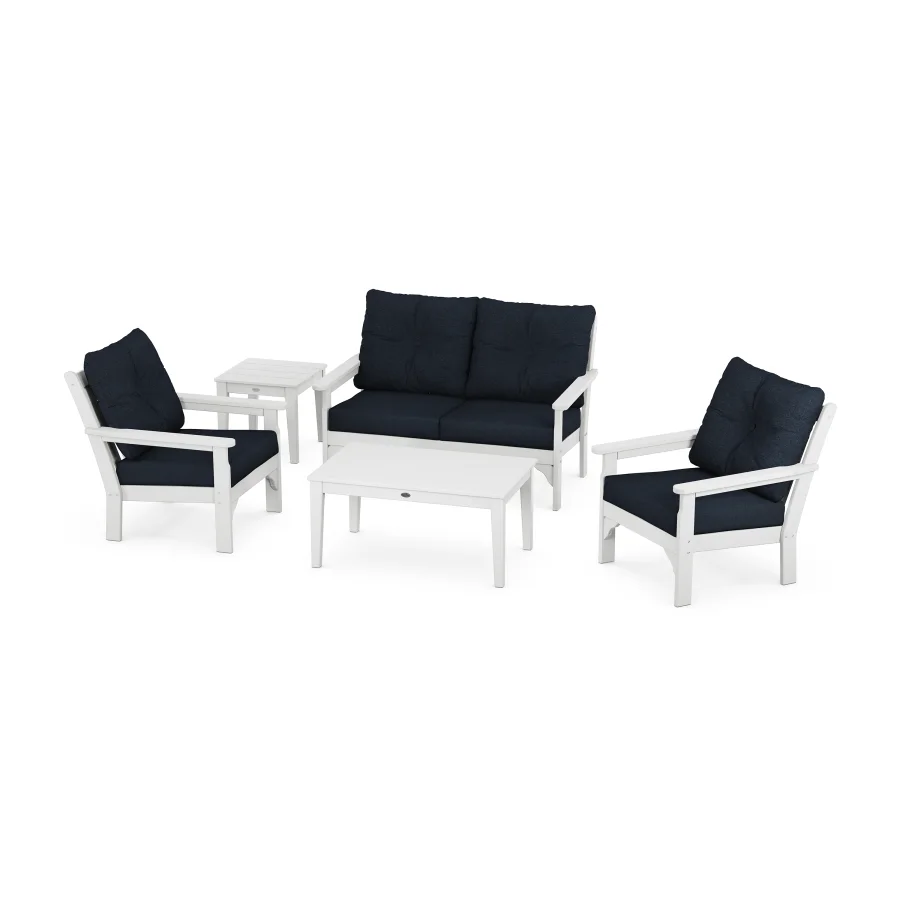 POLYWOOD Vineyard 5-Piece Deep Seating Set in White / Marine Indigo