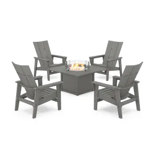 POLYWOOD 5-Piece Modern Grand Upright Adirondack Conversation Set with Fire Pit Table