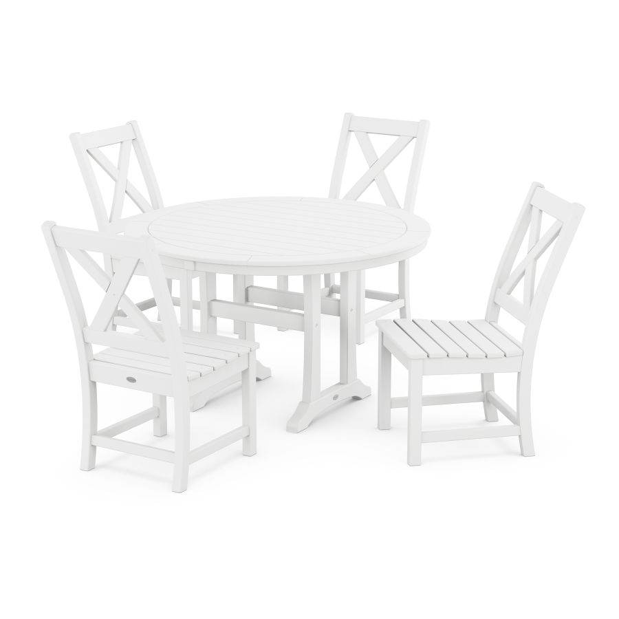 POLYWOOD Braxton Side Chair 5-Piece Round Dining Set With Trestle Legs in White