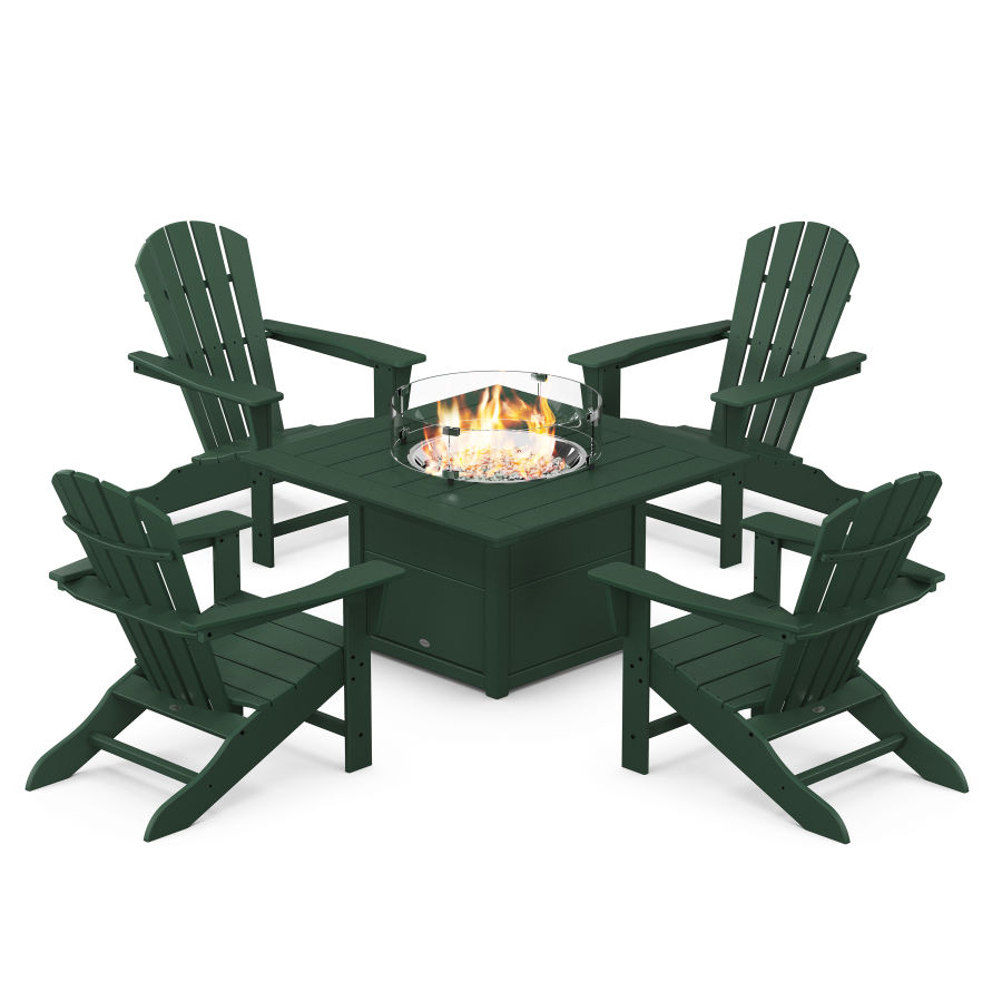 POLYWOOD Palm Coast 5-Piece Adirondack Chair Conversation Set with Fire Pit Table in Green