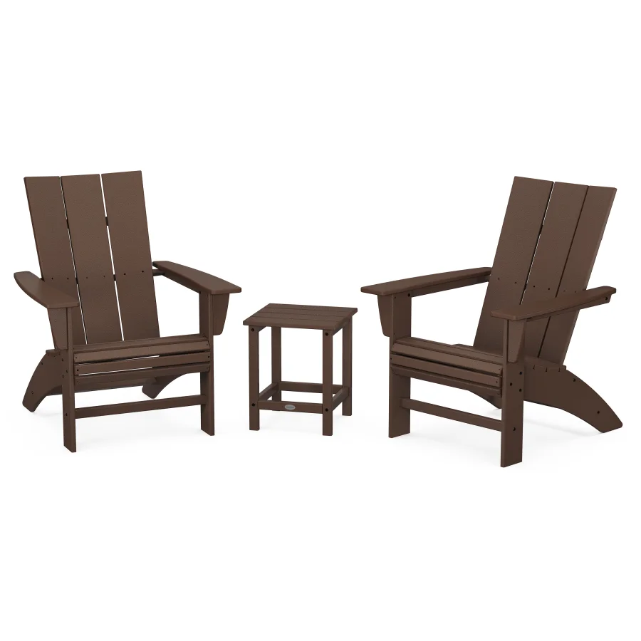 POLYWOOD Modern 3-Piece Curveback Adirondack Set with Long Island 18" Side Table in Mahogany