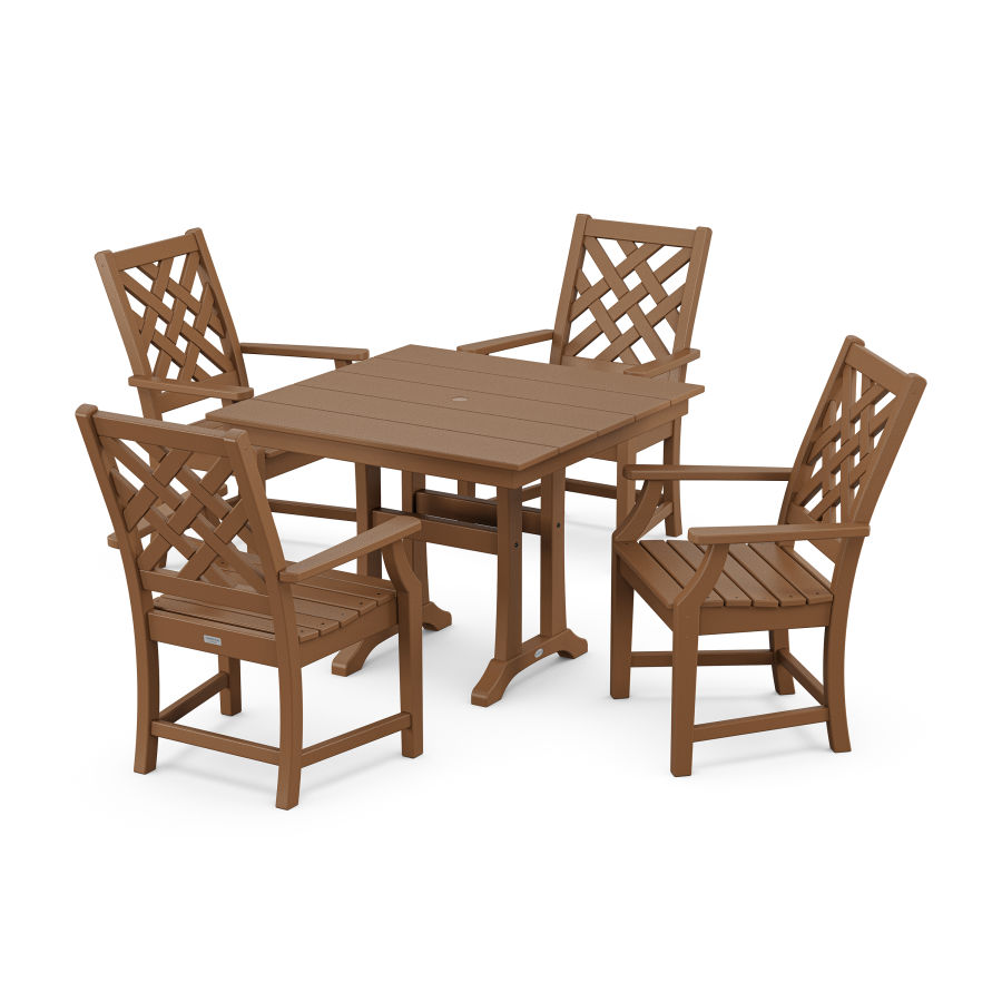 POLYWOOD Wovendale 5-Piece Farmhouse Dining Set with Trestle Legs in Teak