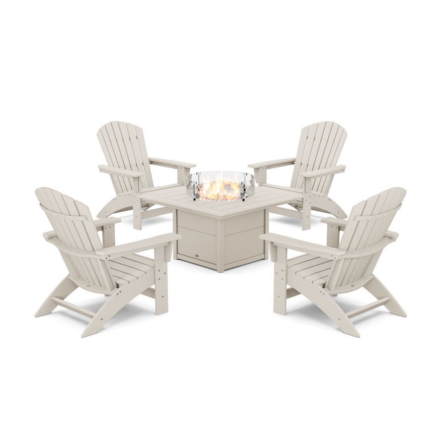 POLYWOOD 5-Piece Nautical Grand Adirondack Conversation Set with Fire Pit Table in Sand
