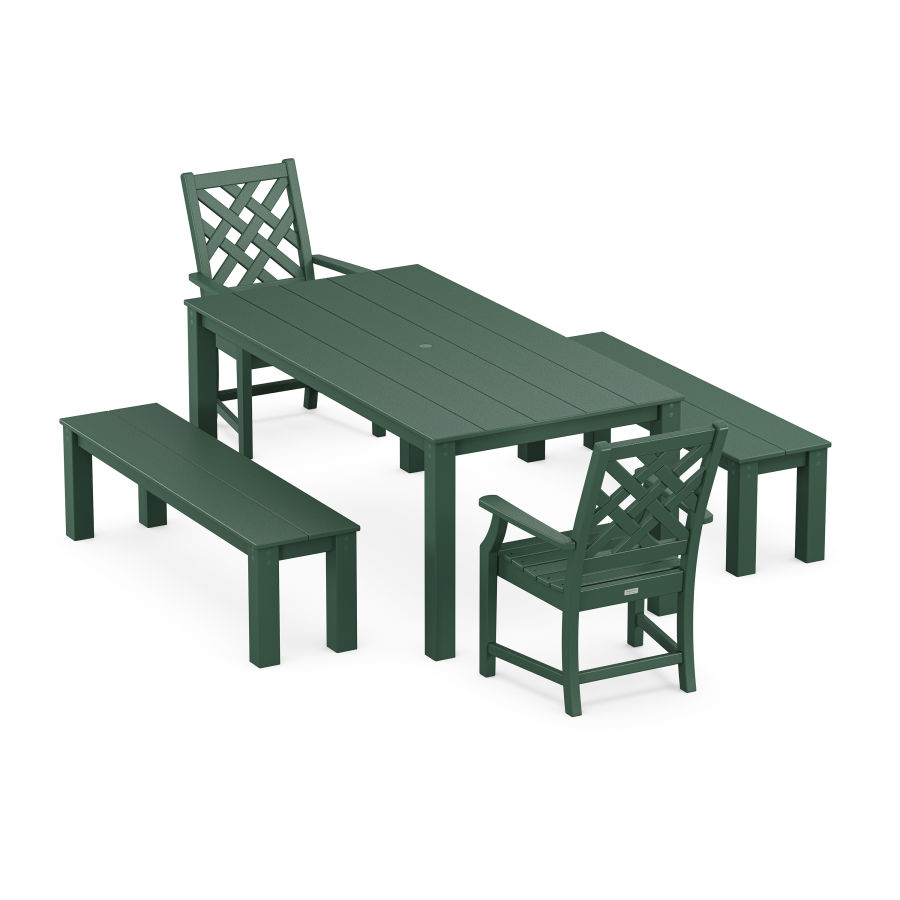 POLYWOOD Wovendale 5-Piece Parsons Dining Set with Benches in Green