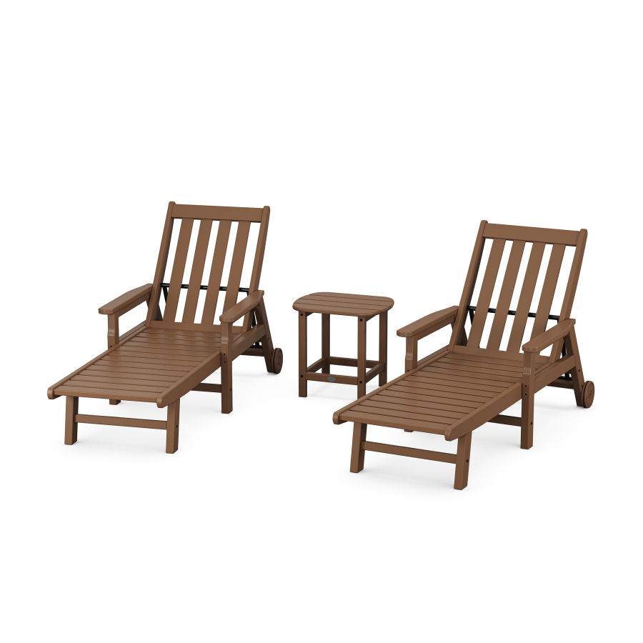 POLYWOOD Vineyard 3-Piece Chaise with Arms and Wheels Set in Teak
