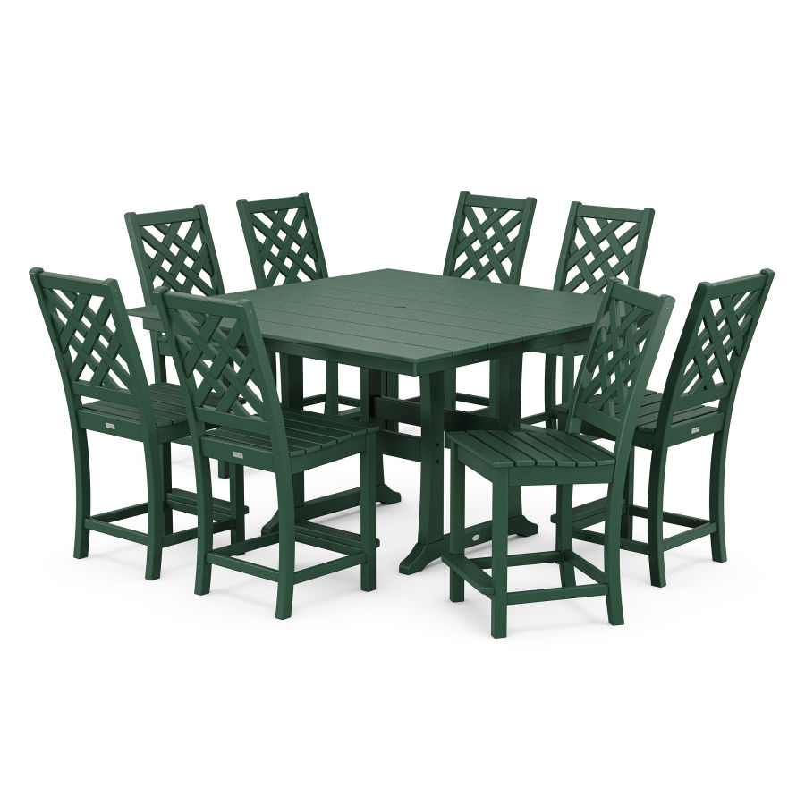 POLYWOOD Wovendale Side Chair 9-Piece Square Farmhouse Counter Set with Trestle Legs in Green