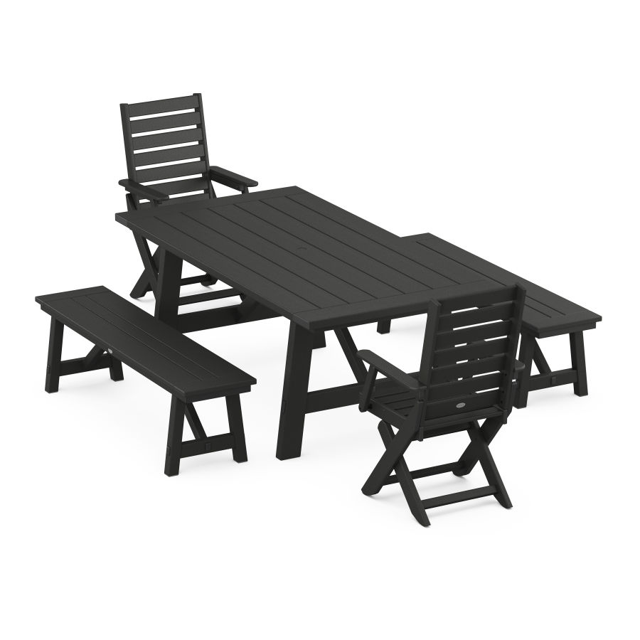 POLYWOOD Captain Folding Chair 5-Piece Rustic Farmhouse Dining Set With Benches in Black
