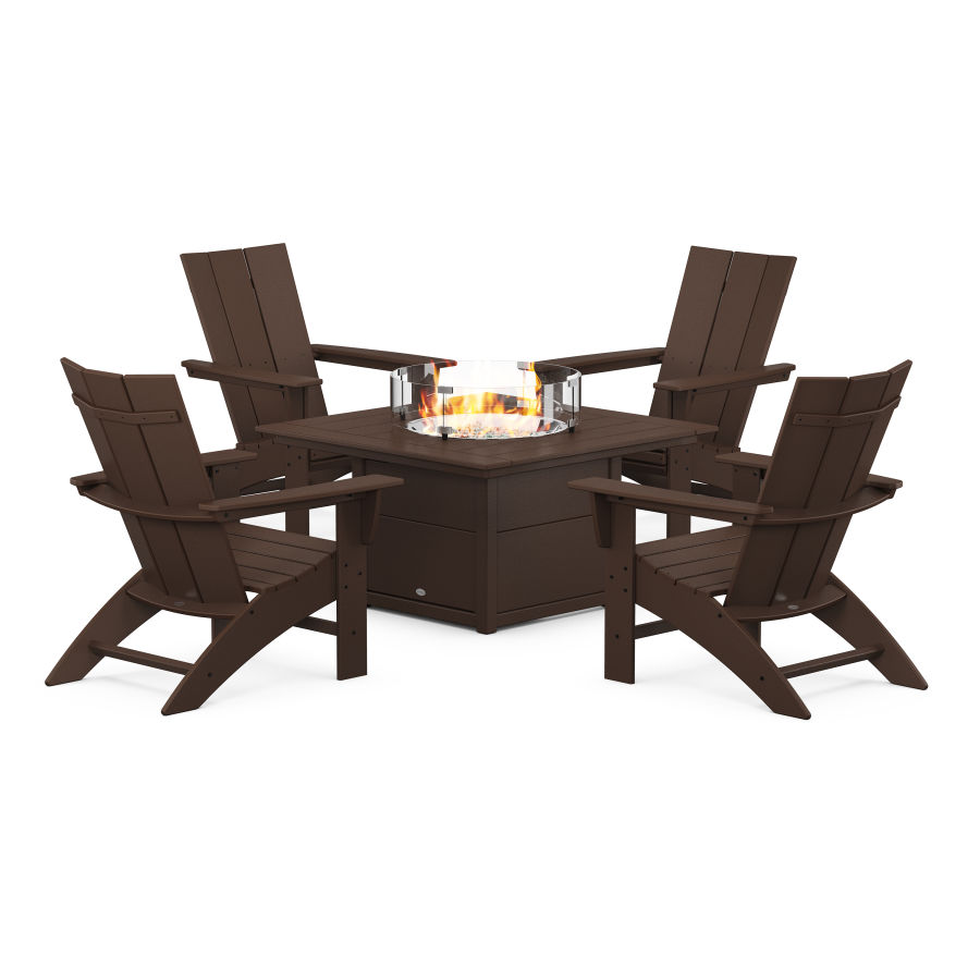 POLYWOOD Modern Curveback Adirondack 5-Piece Conversation Set with Fire Pit Table in Mahogany