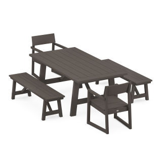 POLYWOOD EDGE 5-Piece Rustic Farmhouse Dining Set With Benches in Vintage Finish