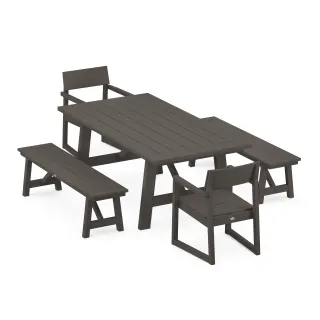 POLYWOOD EDGE 5-Piece Rustic Farmhouse Dining Set With Benches in Vintage Finish