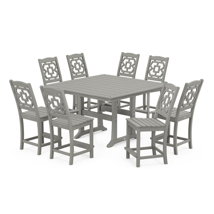 Chinoiserie 9-Piece Square Side Chair Counter Set with Trestle Legs