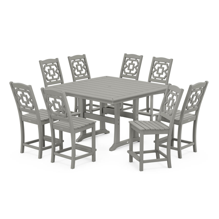POLYWOOD Chinoiserie 9-Piece Square Side Chair Counter Set with Trestle Legs