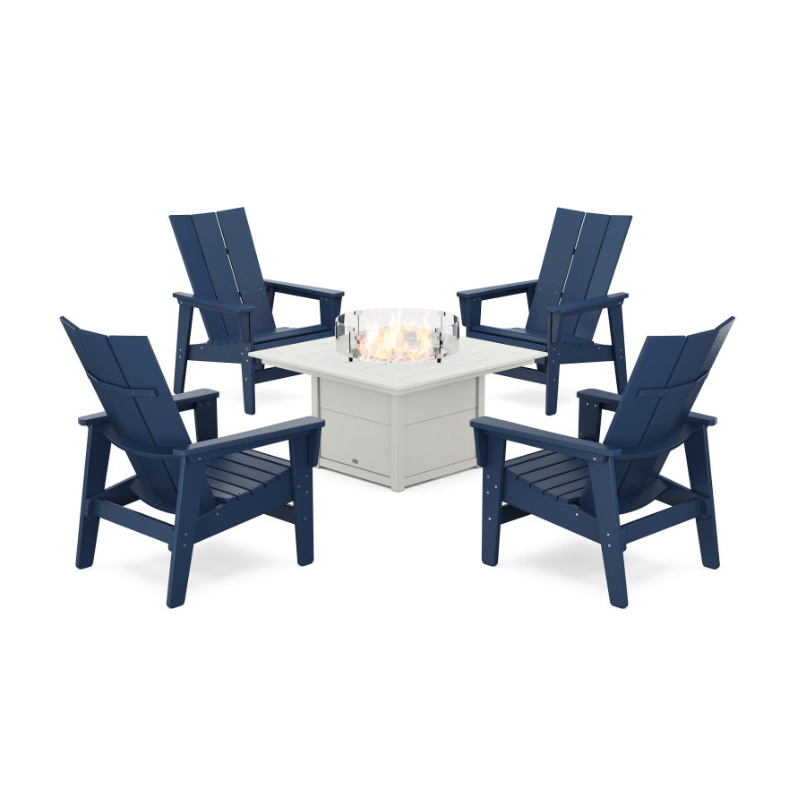 POLYWOOD 5-Piece Modern Grand Upright Adirondack Conversation Set with Fire Pit Table in Navy / White