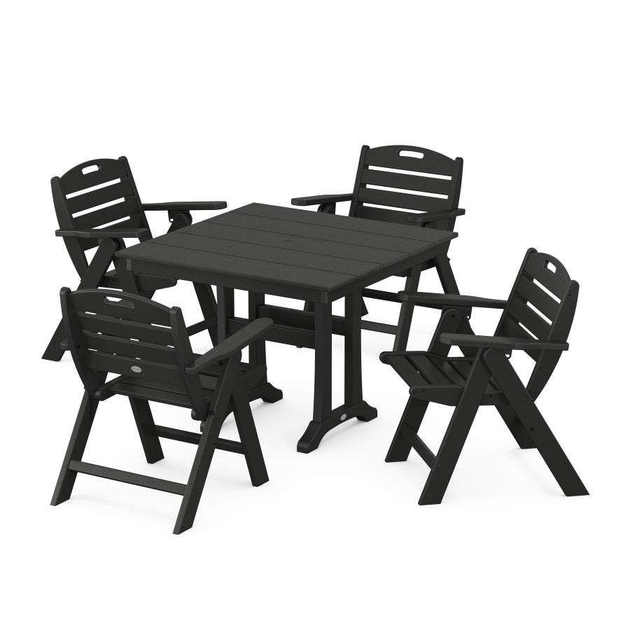 POLYWOOD Nautical Folding Lowback Chair 5-Piece Farmhouse Dining Set With Trestle Legs in Black