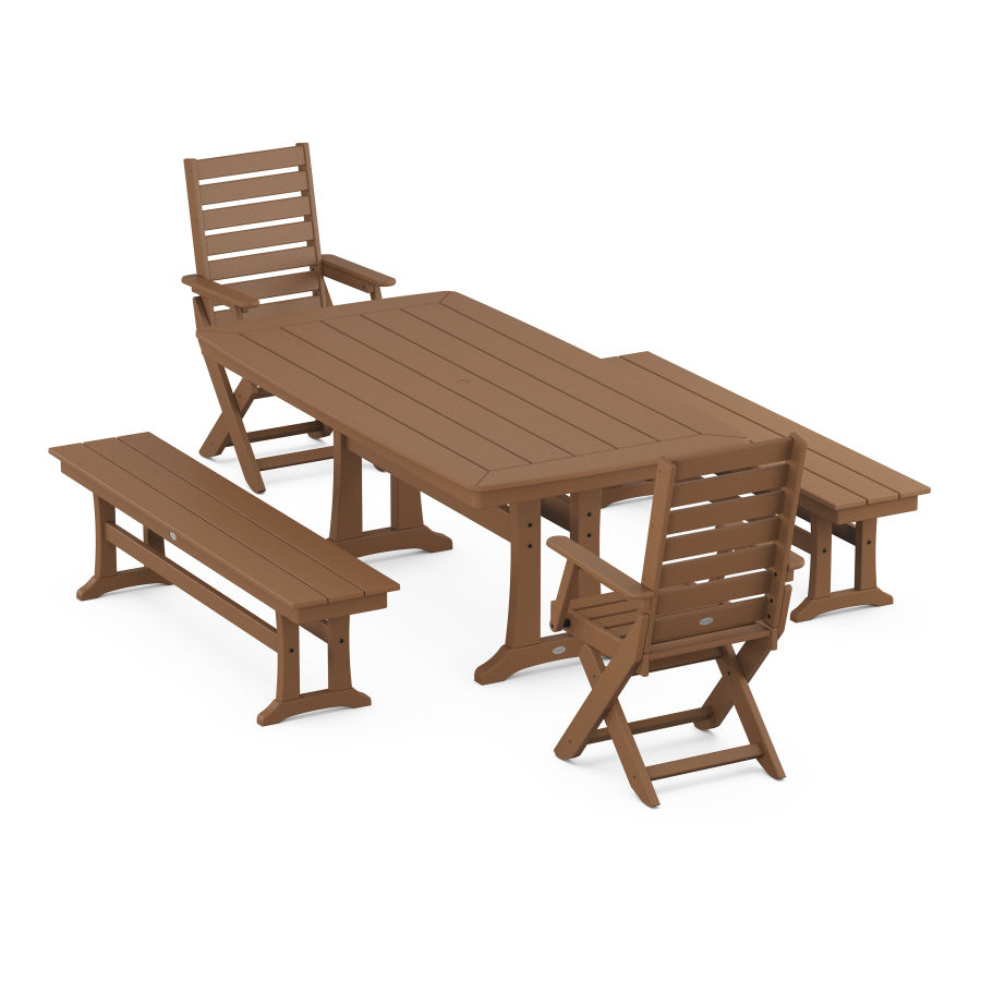 POLYWOOD Captain Folding Chair 5-Piece Dining Set with Trestle Legs in Teak