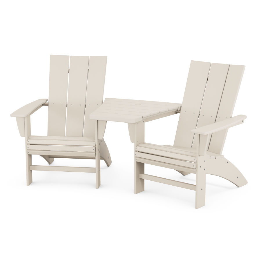 POLYWOOD Modern 3-Piece Curveback Adirondack Set with Angled Connecting Table in Sand