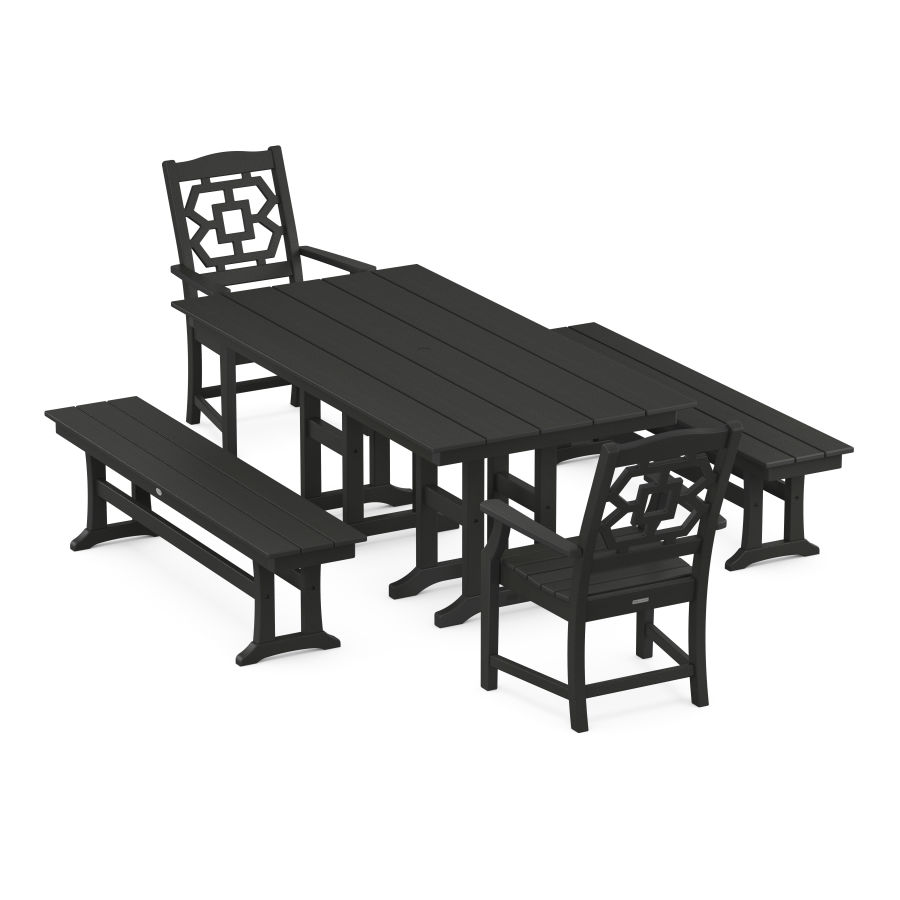 POLYWOOD Chinoiserie 5-Piece Farmhouse Dining Set with Benches in Black