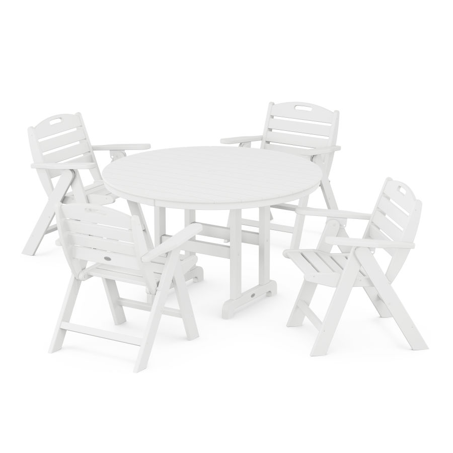 POLYWOOD Nautical Folding Lowback Chair 5-Piece Round Farmhouse Dining Set in White