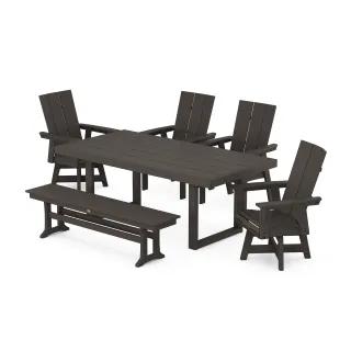 POLYWOOD Modern Curveback Adirondack Swivel Chair 6-Piece Dining Set with Bench in Vintage Finish