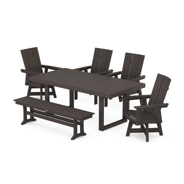 POLYWOOD Modern Curveback Adirondack Swivel Chair 6-Piece Dining Set with Bench in Vintage Finish