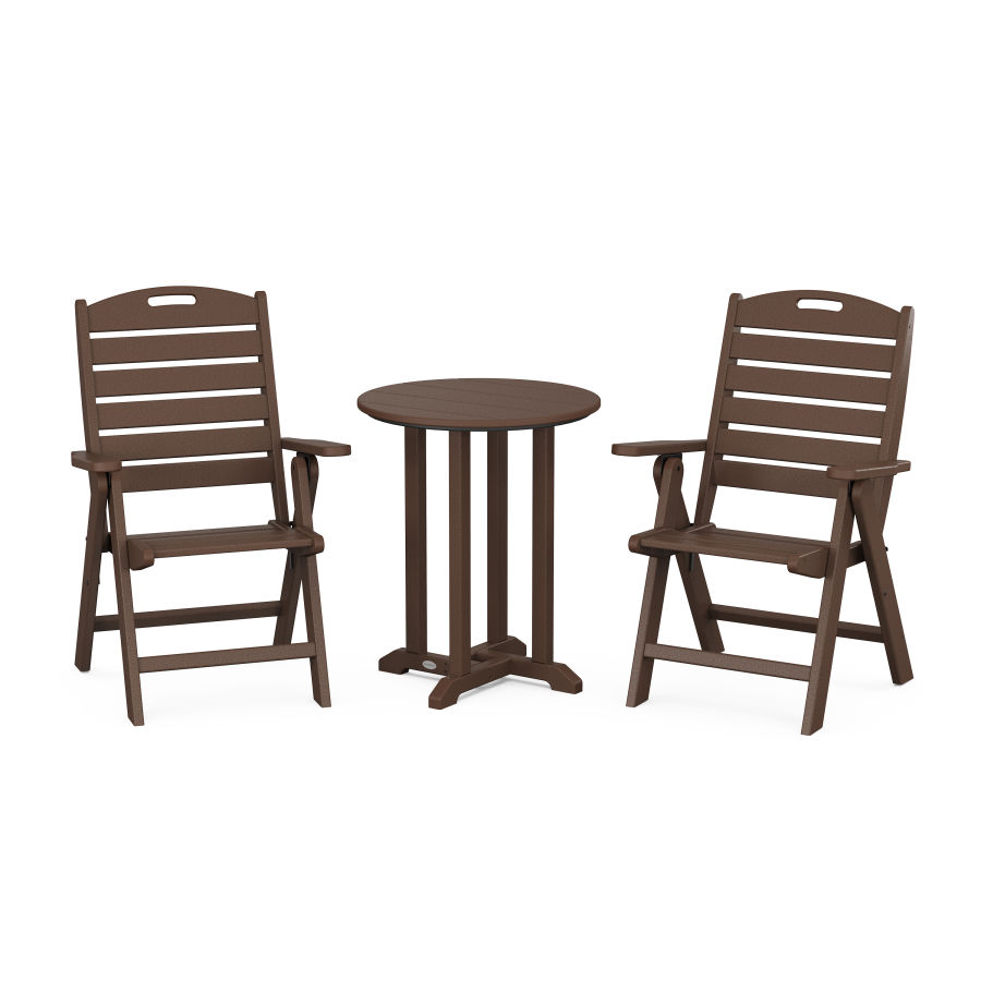 POLYWOOD Nautical Folding Highback Chair 3-Piece Round Dining Set in Mahogany